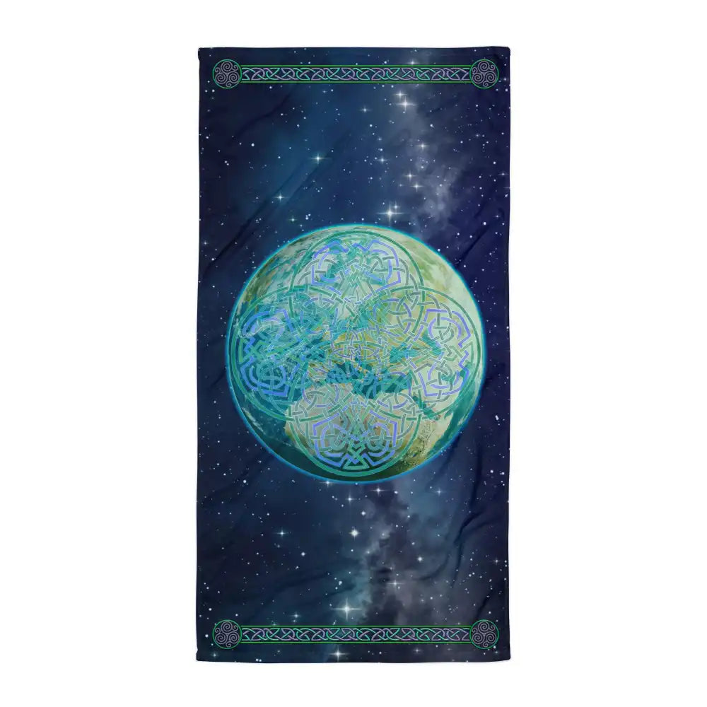 A Xigfireon bath and beach towel featuring the Sacred Planet iteration of the Reach Of The Spirit Celtic knot design displayed above a beautiful view of the Earth from space.