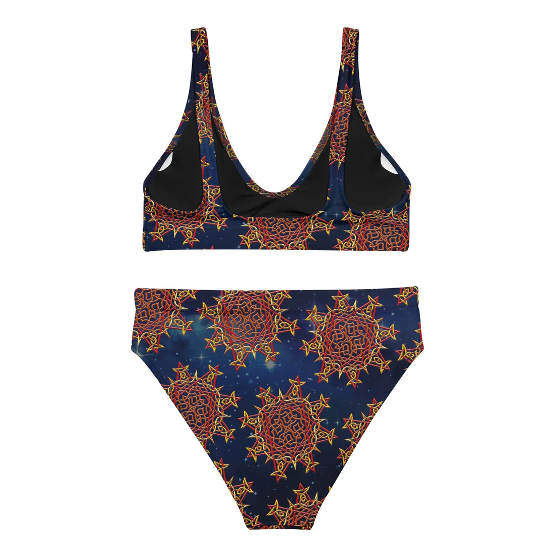 The back side of a Xigfireon graphic bikini featuring the Fire Colour Cosmos patterned series of the Morning Star Fire Celtic knot design.