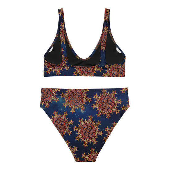 The back side of a Xigfireon graphic bikini featuring the Fire Colour Cosmos patterned series of the Morning Star Fire Celtic knot design.