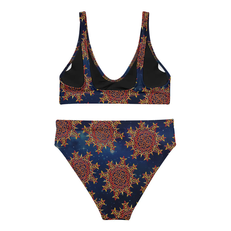 The back side of a Xigfireon graphic bikini featuring the Fire Colour Cosmos patterned series of the Morning Star Fire Celtic knot design.