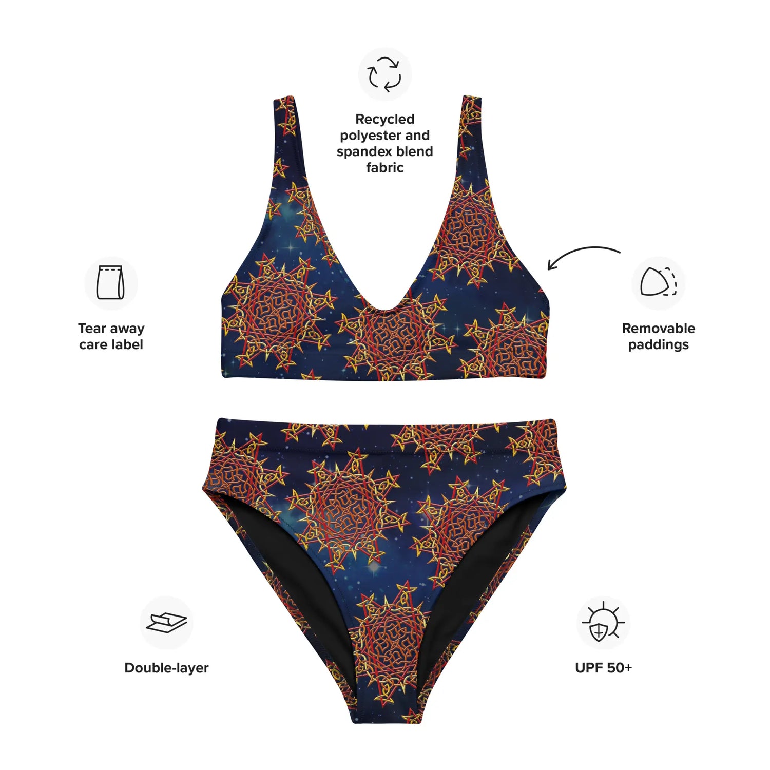 A list of product features surrounding a Xigfireon graphic bikini featuring the Fire Colour Cosmos patterned series of the Morning Star Fire Celtic knot design. Features include recycled polyester and spandex blend fabric, tear away care label, removable paddings, double-layer, and UPF 50+.