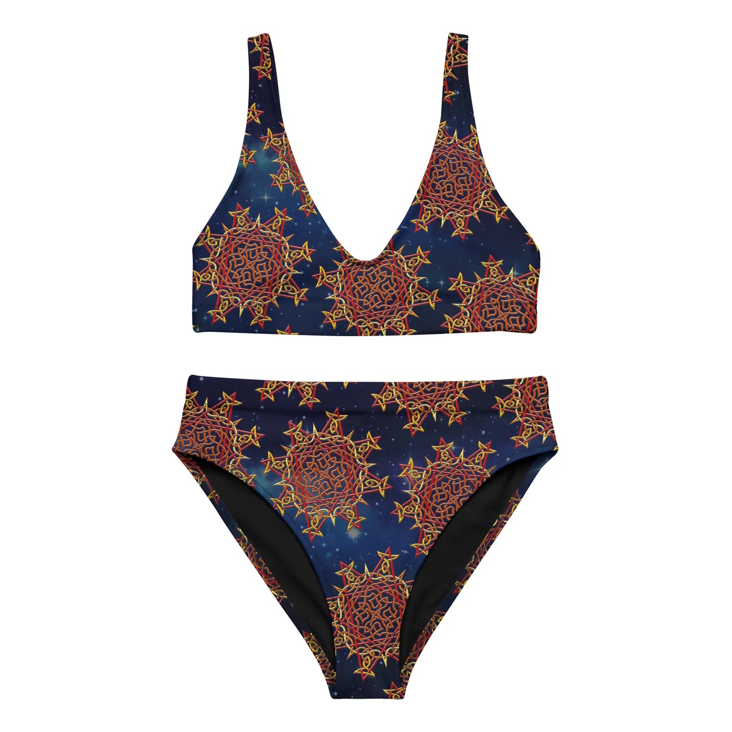 The front side of a Xigfireon graphic bikini featuring the Fire Colour Cosmos patterned series of the Morning Star Fire Celtic knot design.