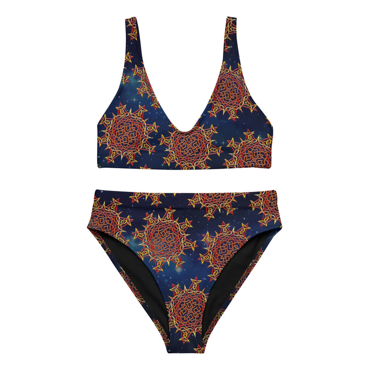The front side of a Xigfireon graphic bikini featuring the Fire Colour Cosmos patterned series of the Morning Star Fire Celtic knot design.