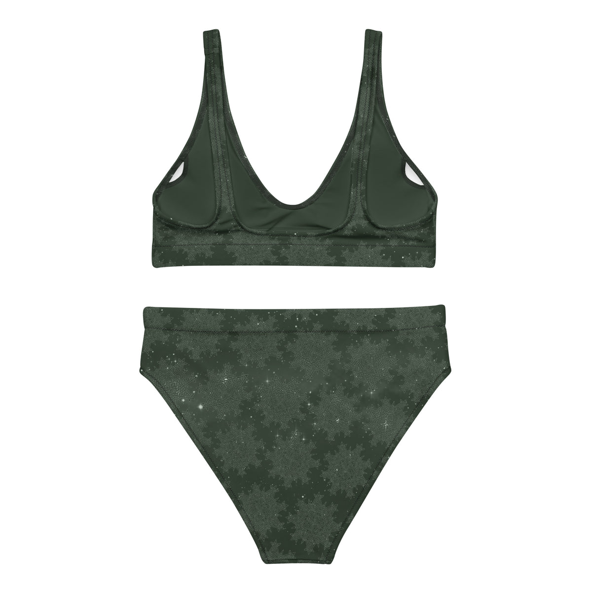 Celtic knot bikini by Xigfireon, shown from the back, featuring the Midnight Green Cosmos patterned series of the Morning Star Fire design.