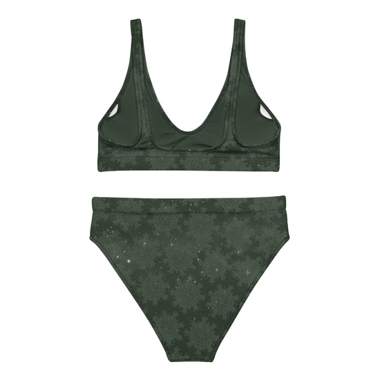Celtic knot bikini by Xigfireon, shown from the back, featuring the Midnight Green Cosmos patterned series of the `Morning Star Fire` design.