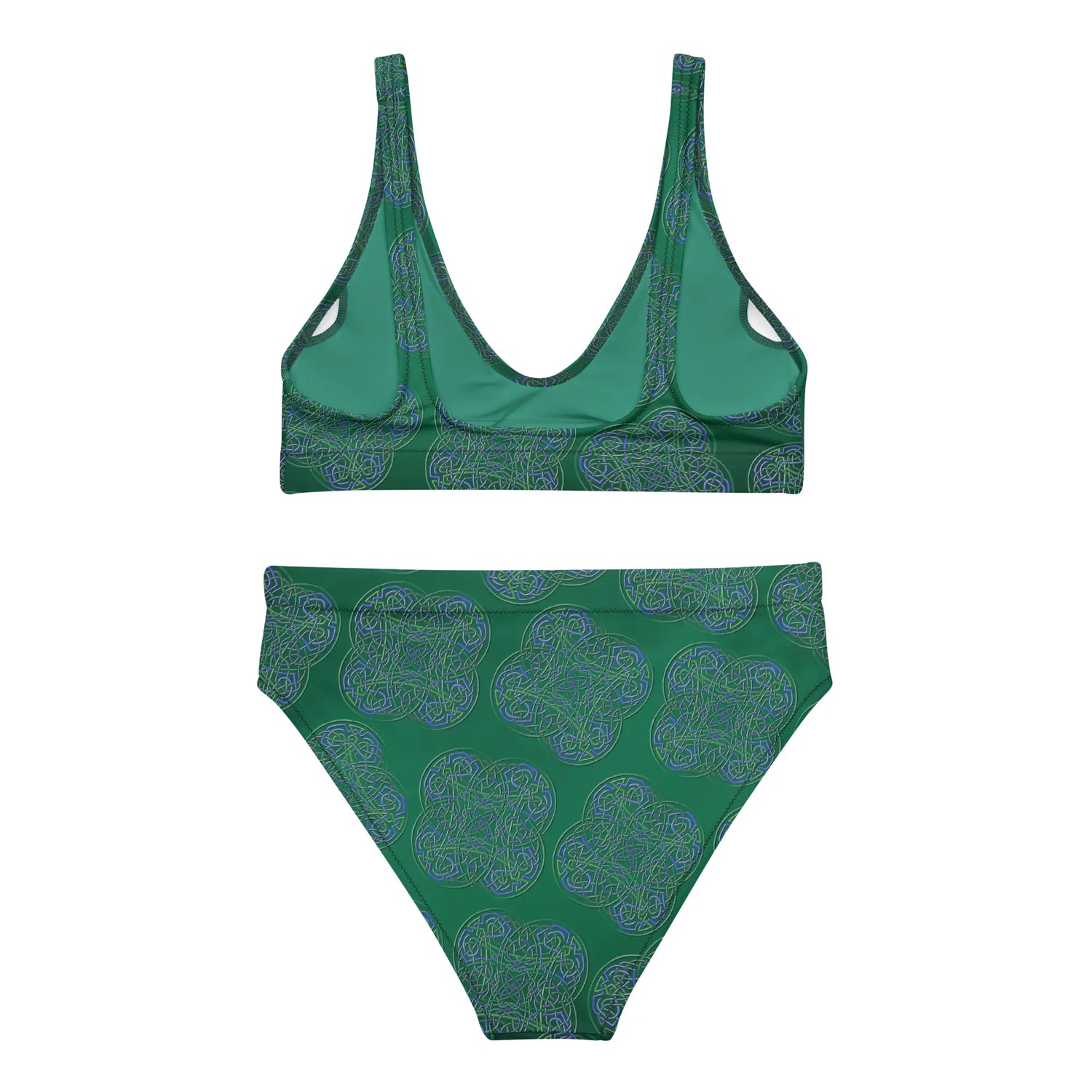 The back side of a Xigfireon graphic bikini featuring the Living Colour Forest patterned series of the Reach Of The Spirit Celtic knot design.