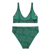 The back side of a Xigfireon graphic bikini featuring the Living Colour Forest patterned series of the Reach Of The Spirit Celtic knot design.