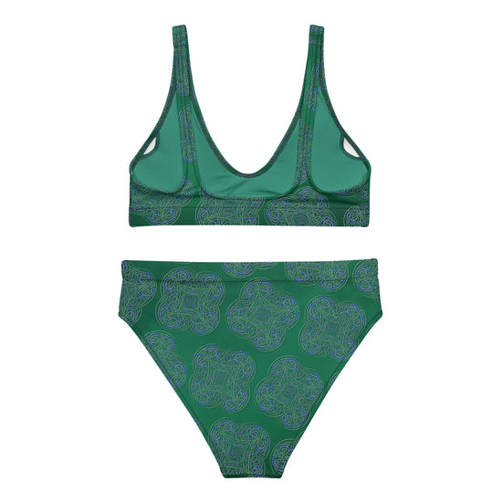 The back side of a Xigfireon graphic bikini featuring the Living Colour Forest patterned series of the Reach Of The Spirit Celtic knot design.