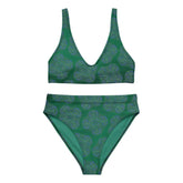 The front side of a Xigfireon graphic bikini featuring the Living Colour Forest patterned series of the Reach Of The Spirit Celtic knot design.