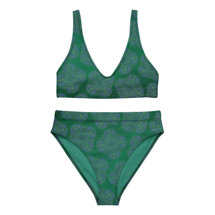 The front side of a Xigfireon graphic bikini featuring the Living Colour Forest patterned series of the Reach Of The Spirit Celtic knot design.