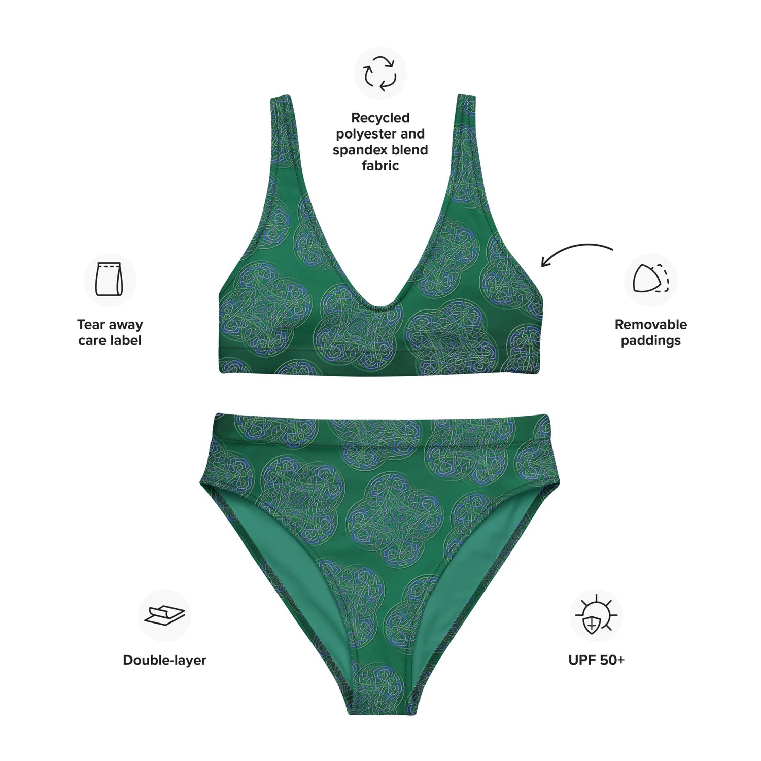 A list of product features surrounding a Xigfireon graphic bikini featuring the Living Colour Forest patterned series of the Reach Of The Spirit Celtic knot design. Features include recycled polyester and spandex blend fabric, tear away care label, removable paddings, double-layer, and UPF 50+.