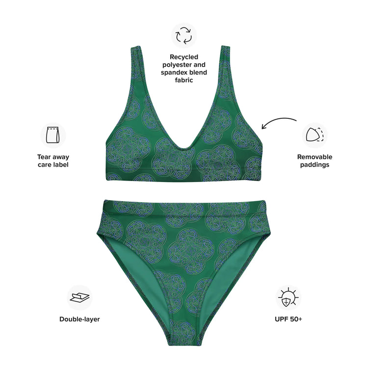 A list of product features surrounding a Xigfireon graphic bikini featuring the Living Colour Forest patterned series of the Reach Of The Spirit Celtic knot design. Features include recycled polyester and spandex blend fabric, tear away care label, removable paddings, double-layer, and UPF 50+.