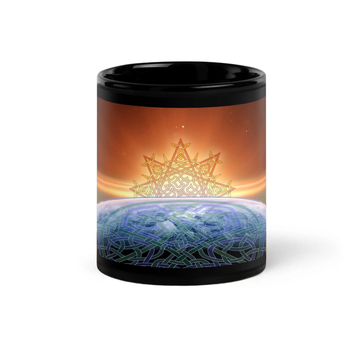 An 11oz Xigfireon black glossy graphic mug featuring the Derivation II Celtic knots merger design.