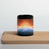 A cutting board underneath an 11oz Xigfireon black glossy graphic mug featuring the Derivation II Celtic knots merger design.