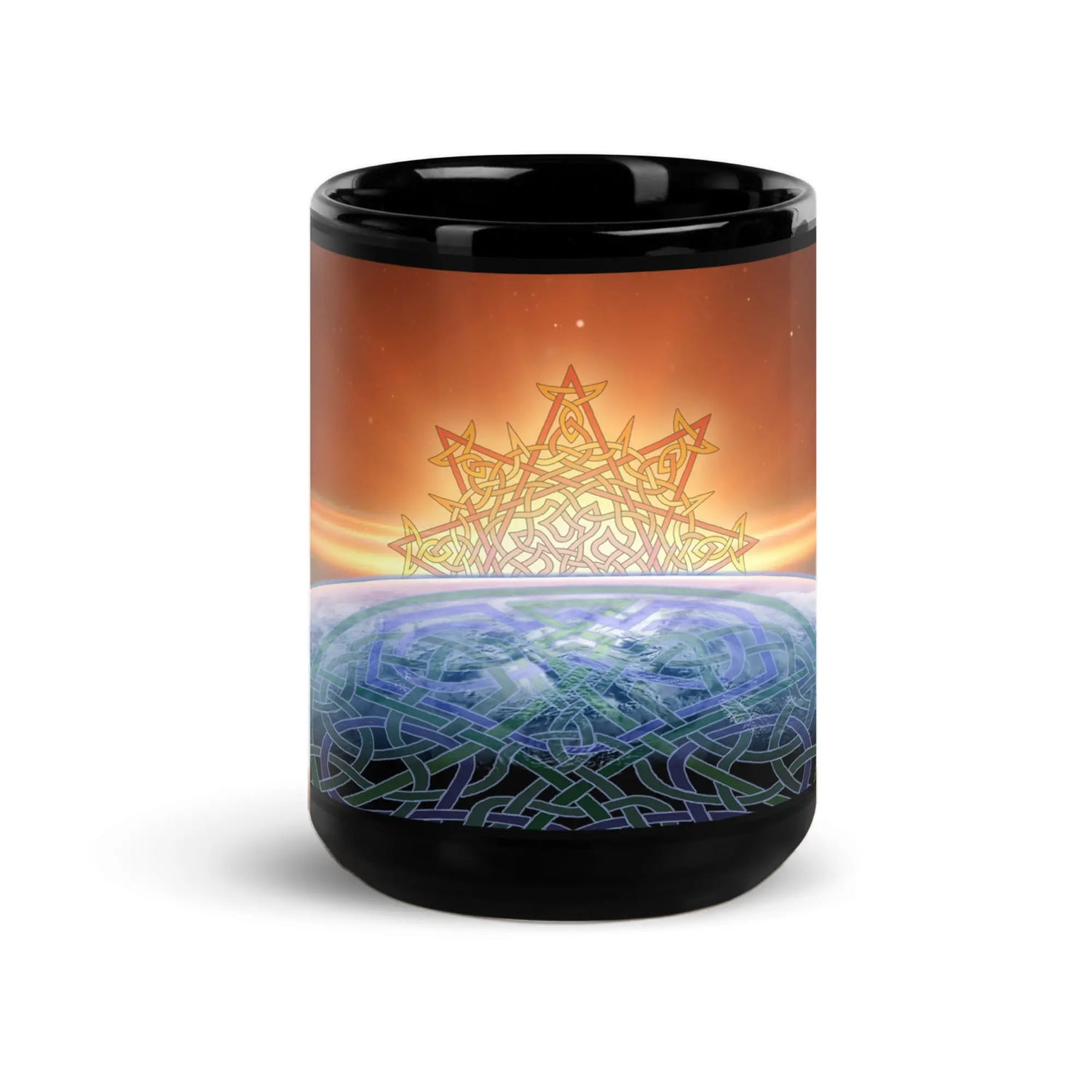A 15oz Xigfireon black glossy graphic mug featuring the Derivation II Celtic knots merger design.