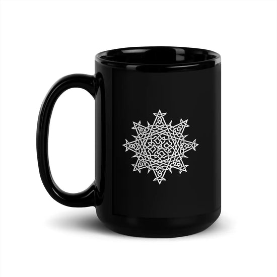 A Xigfireon black glossy 15oz mug featuring the Black & White Solid iteration of the Morning Star Fire Celtic knot design. This Celtic knot symbolizes Father Sun.