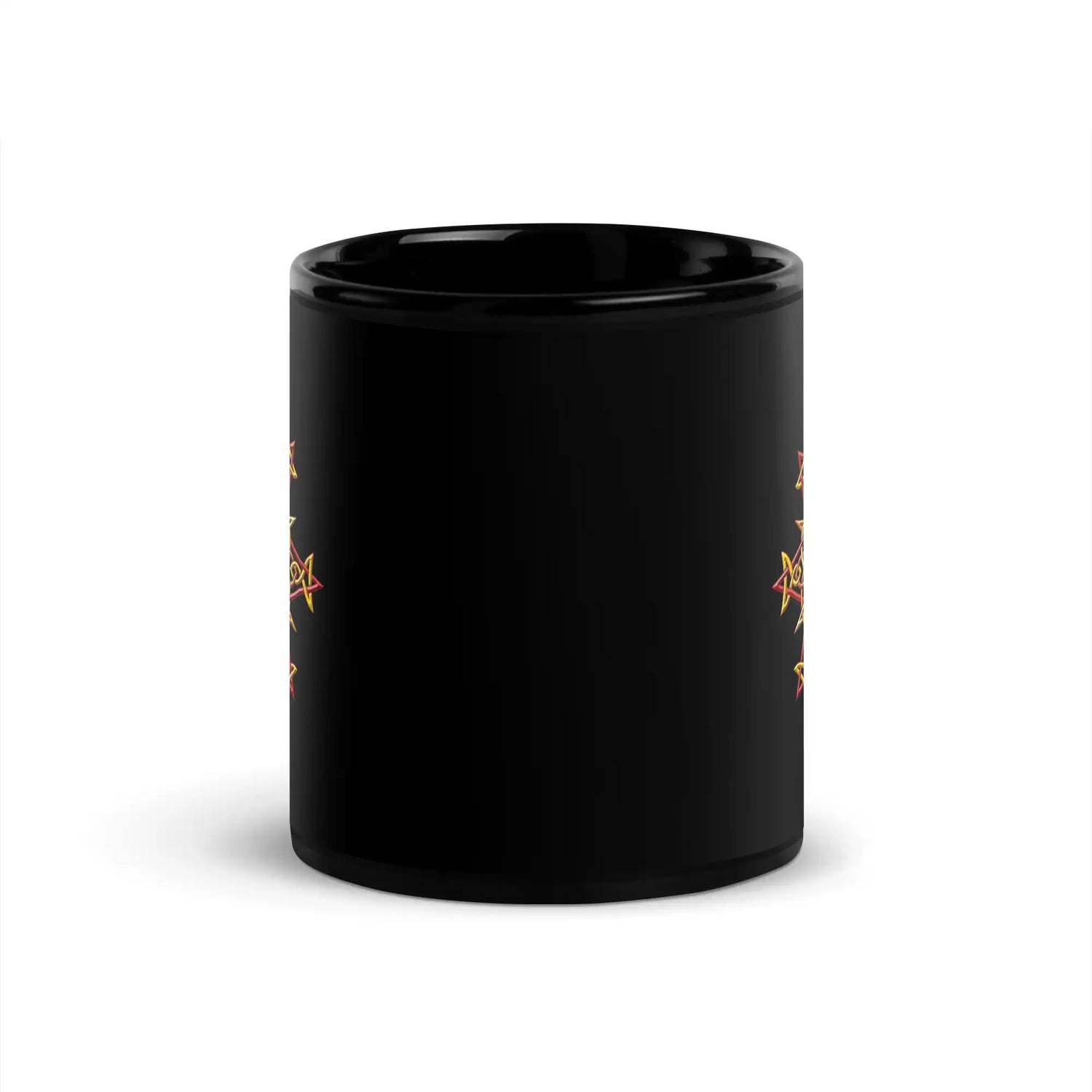 The front side of a Xigfireon black ceramic 11oz mug featuring the Fire Colour iteration of the Morning Star Fire Celtic knot design. This Celtic knot symbolizes Father Sun.