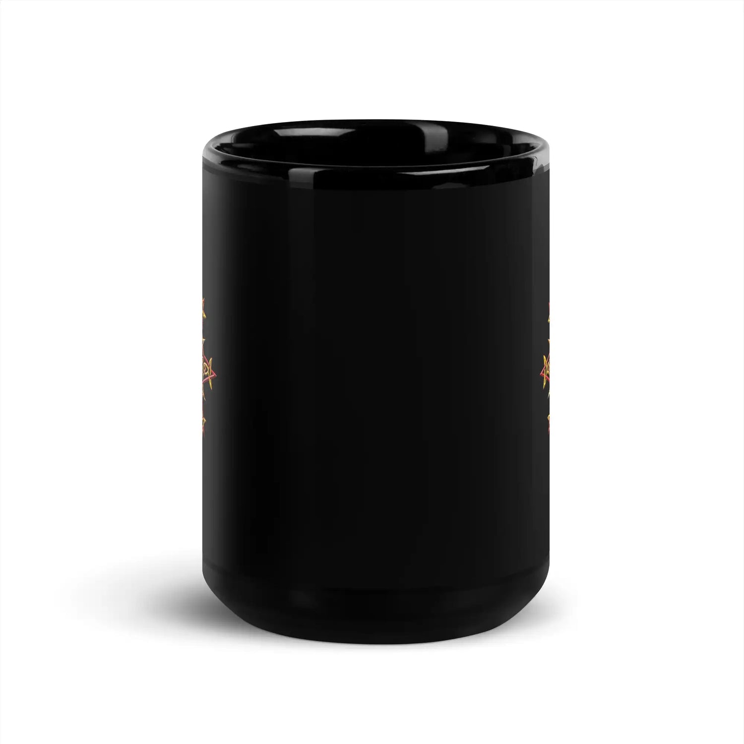 The front side of a Xigfireon black ceramic 15oz mug featuring the Fire Colour iteration of the Morning Star Fire Celtic knot design. This Celtic knot symbolizes Father Sun.