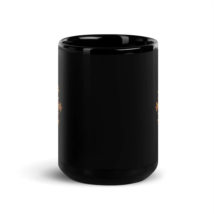 The front side of a Xigfireon black ceramic 15oz mug featuring the Fire Colour iteration of the Morning Star Fire Celtic knot design. This Celtic knot symbolizes Father Sun.