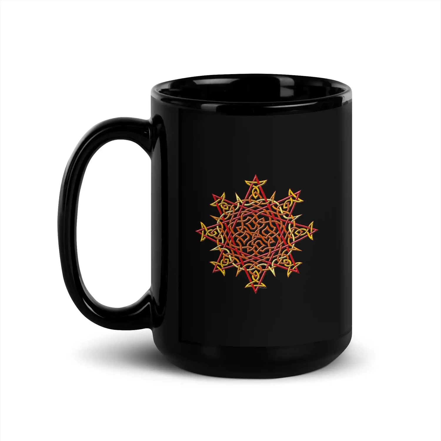 A Xigfireon black ceramic 15oz mug featuring the Fire Colour iteration of the Morning Star Fire Celtic knot design. This Celtic knot symbolizes Father Sun.