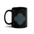 A Xigfireon black ceramic 11oz mug featuring the Living Colour iteration of the Reach Of The Spirit Celtic knot design. This Celtic knot symbolizes Mother Earth.