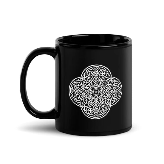 A Xigfireon black glossy 11oz mug featuring the Black & White Solid iteration of the Reach Of The Spirit Celtic knot design. This Celtic knot symbolizes Mother Earth.