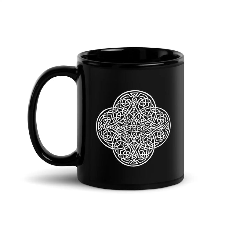 A Xigfireon black glossy 11oz mug featuring the Black & White Solid iteration of the Reach Of The Spirit Celtic knot design. This Celtic knot symbolizes Mother Earth.