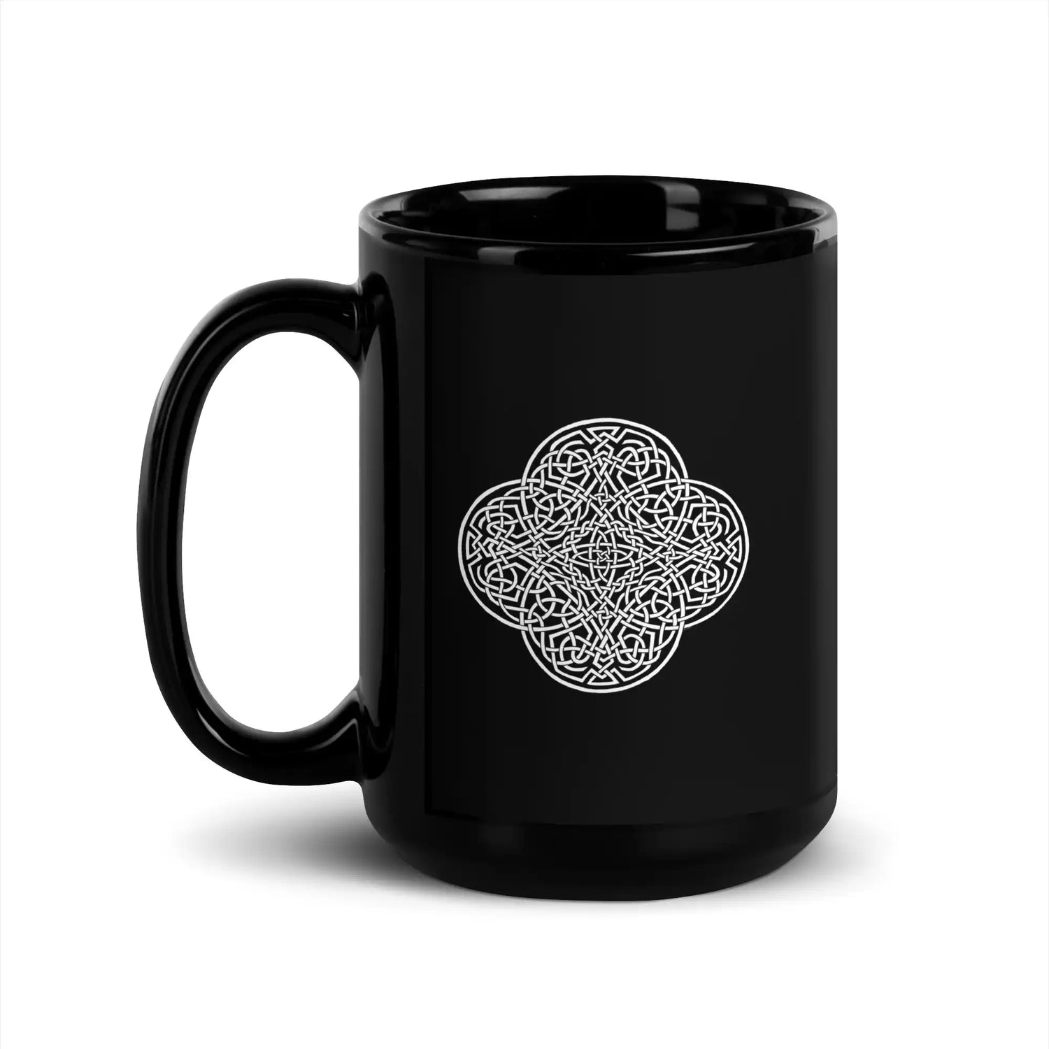 A Xigfireon black glossy 15oz mug featuring the Black & White Solid iteration of the Reach Of The Spirit Celtic knot design. This Celtic knot symbolizes Mother Earth.