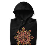 A folded black Xigfireon graphic hoodie featuring the Fire Colour iteration of the Morning Star Fire Celtic knot design. The Morning Star Fire Celtic knot represents our brilliant Father Sun.