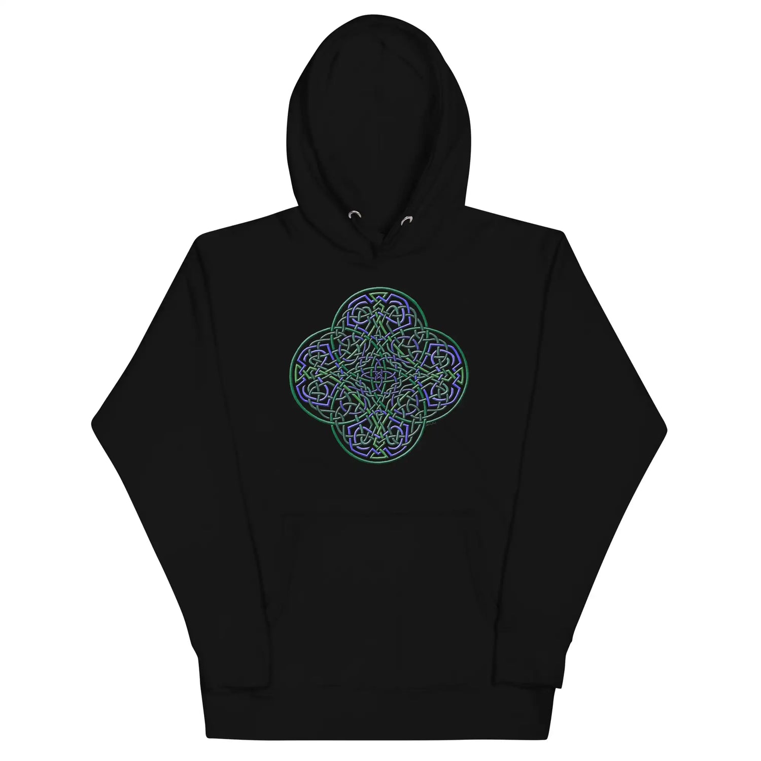 A black Xigfireon graphic hoodie featuring the Living Colour iteration of the Reach Of The Spirit Celtic knot design. The Reach Of The Spirit Celtic knot symbolizes Mother Earth.