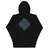 A black Xigfireon graphic hoodie featuring the Living Colour iteration of the Reach Of The Spirit Celtic knot design. The Reach Of The Spirit Celtic knot symbolizes Mother Earth.