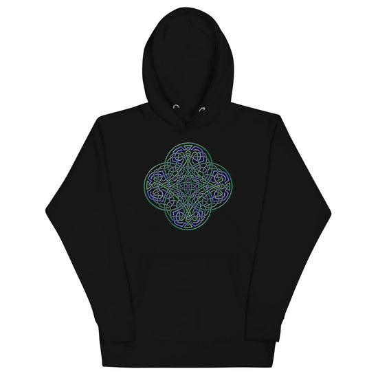 A black Xigfireon graphic hoodie featuring the Living Colour iteration of the Reach Of The Spirit Celtic knot design. The Reach Of The Spirit Celtic knot symbolizes Mother Earth.
