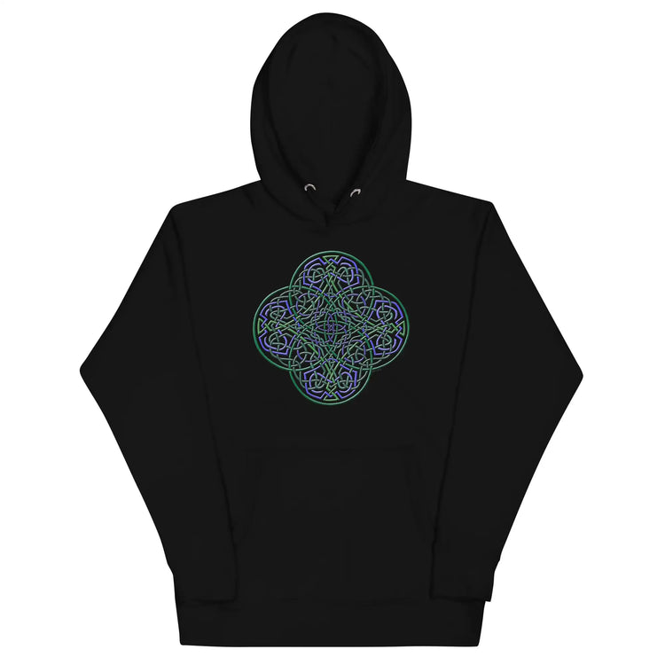 A black Xigfireon graphic hoodie featuring the Living Colour iteration of the Reach Of The Spirit Celtic knot design. The Reach Of The Spirit Celtic knot symbolizes Mother Earth.