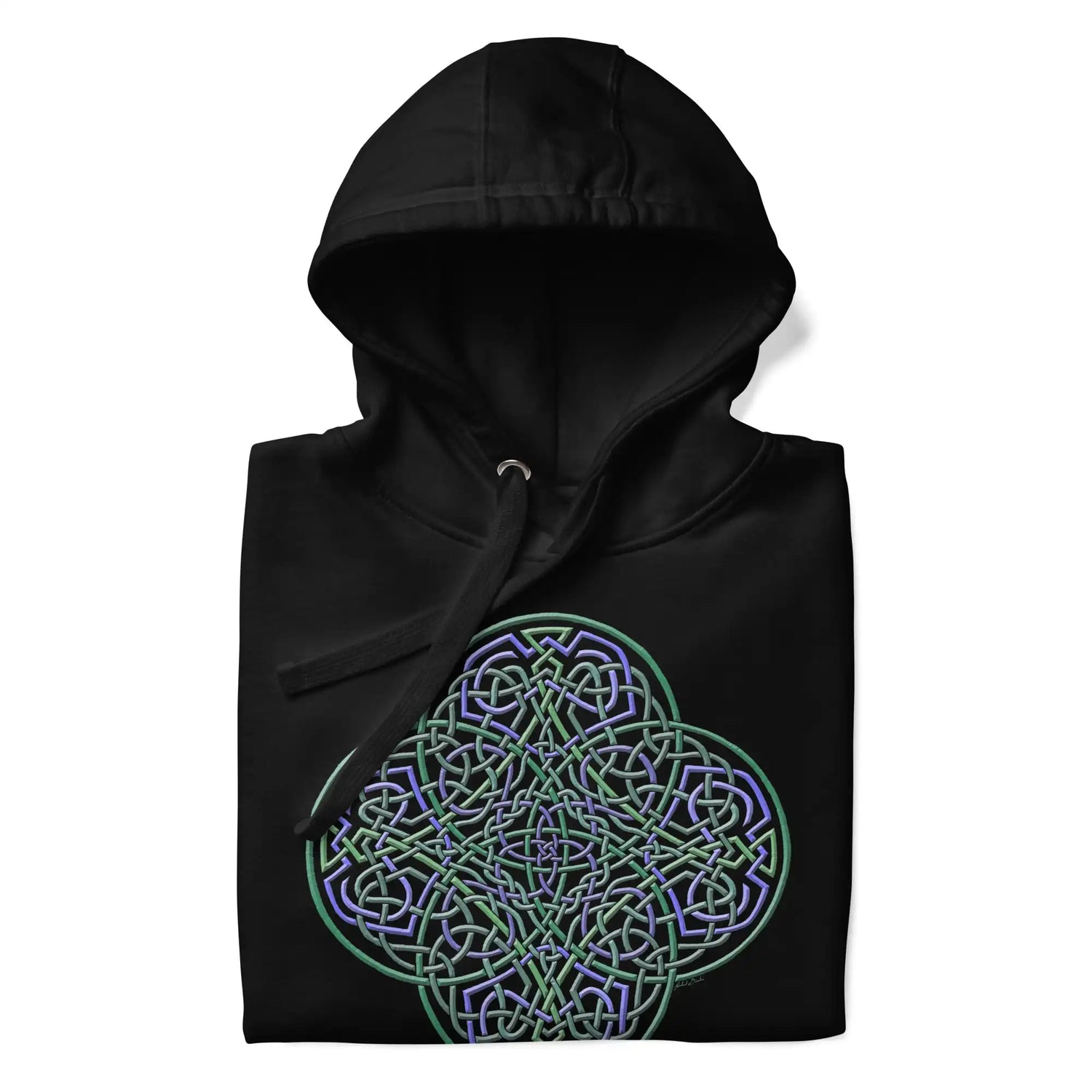 A folded black Xigfireon graphic hoodie featuring the Living Colour iteration of the Reach Of The Spirit Celtic knot design. The Reach Of The Spirit Celtic knot symbolizes Mother Earth.