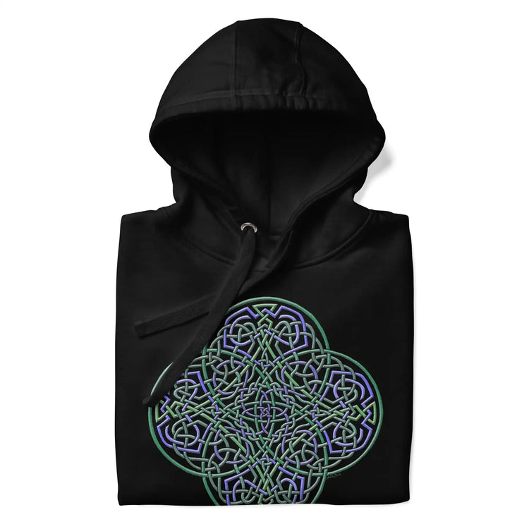 A folded black Xigfireon graphic hoodie featuring the Living Colour iteration of the Reach Of The Spirit Celtic knot design. The Reach Of The Spirit Celtic knot symbolizes Mother Earth.