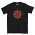 A black Xigfireon graphic t-shirt featuring the Fire Colour iteration of the Morning Star Fire Celtic knot design. The Morning Star Fire Celtic knot symbolizes the Sun.