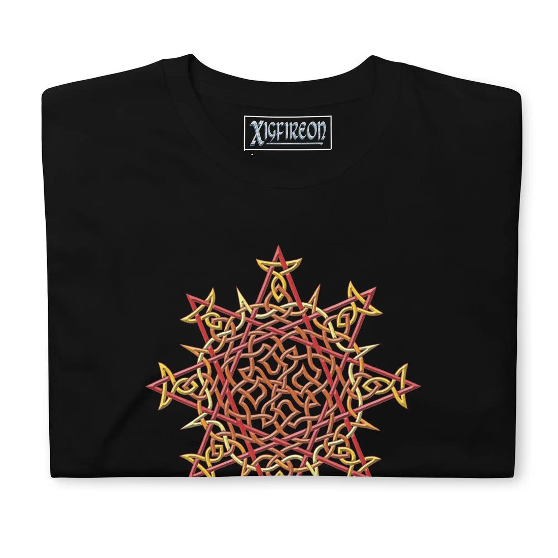 A folded black white Xigfireon graphic t-shirt featuring the Fire Colour iteration of the Morning Star Fire Celtic knot design. The Morning Star Fire Celtic knot symbolizes the Sun.