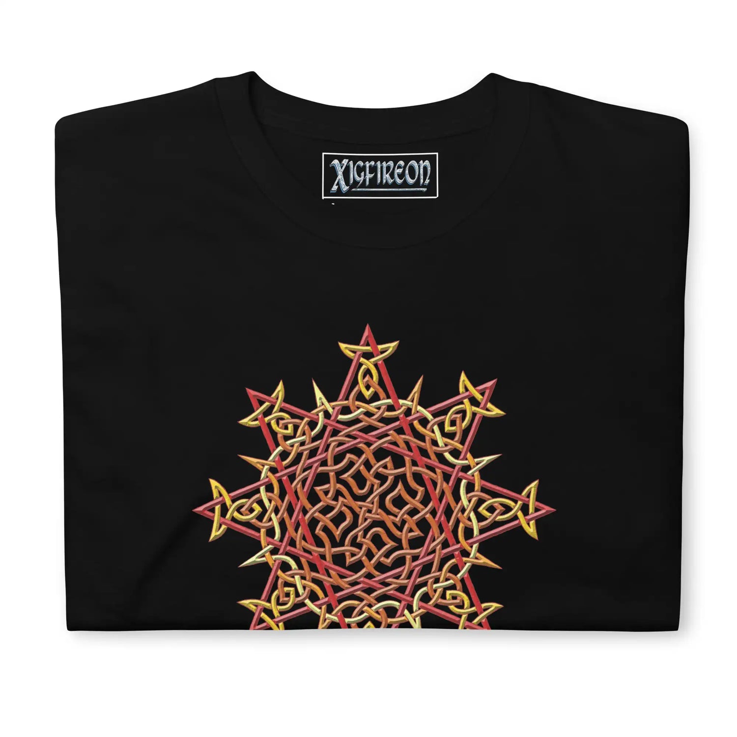 A folded black white Xigfireon graphic t-shirt featuring the Fire Colour iteration of the Morning Star Fire Celtic knot design. The Morning Star Fire Celtic knot symbolizes the Sun.