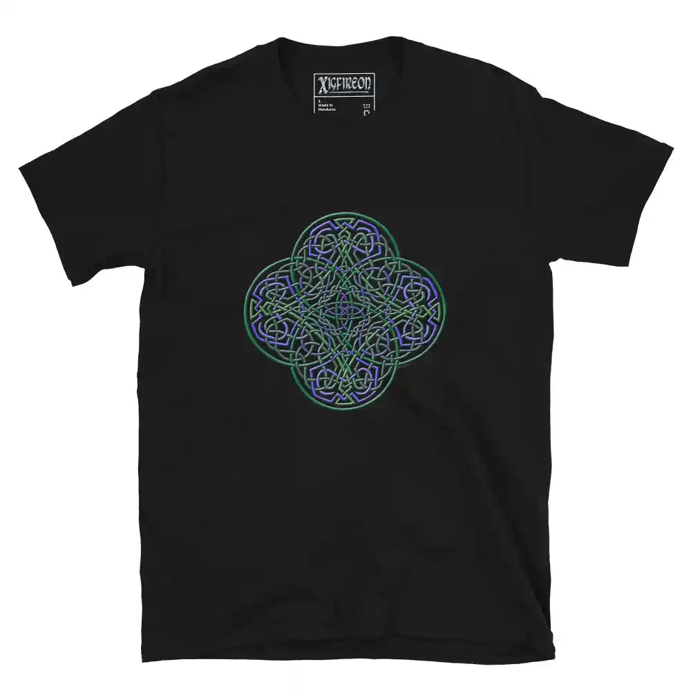 A black Xigfireon graphic t-shirt featuring the Living Colour iteration of the Reach Of The Spirit Celtic knot design. The Reach Of The Spirit Celtic knot symbolizes the Earth.