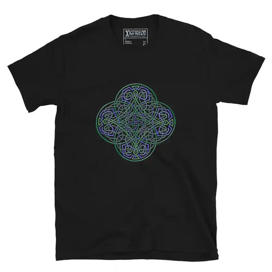 A black Xigfireon graphic t-shirt featuring the Living Colour iteration of the Reach Of The Spirit Celtic knot design. The Reach Of The Spirit Celtic knot symbolizes the Earth.