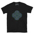 A black Xigfireon graphic t-shirt featuring the Living Colour iteration of the Reach Of The Spirit Celtic knot design. The Reach Of The Spirit Celtic knot symbolizes the Earth.