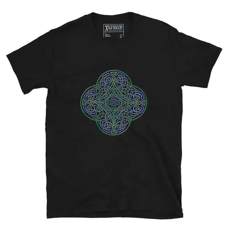 A black Xigfireon graphic t-shirt featuring the Living Colour iteration of the Reach Of The Spirit Celtic knot design. The Reach Of The Spirit Celtic knot symbolizes the Earth.