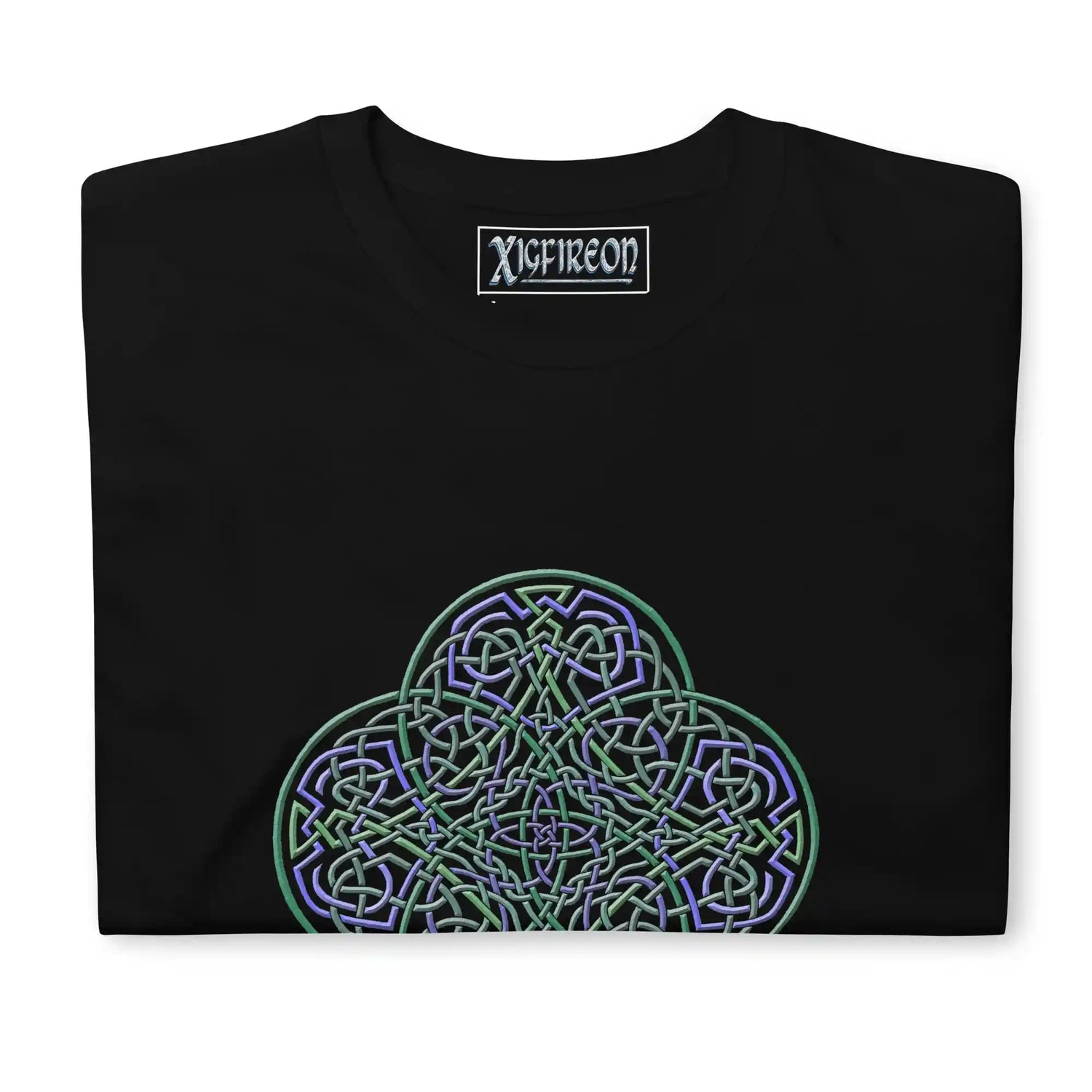 A folded black Xigfireon graphic t-shirt featuring the Living Colour iteration of the Reach Of The Spirit Celtic knot design. The Reach Of The Spirit Celtic knot symbolizes the Earth.