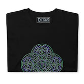 A folded black Xigfireon graphic t-shirt featuring the Living Colour iteration of the Reach Of The Spirit Celtic knot design. The Reach Of The Spirit Celtic knot symbolizes the Earth.
