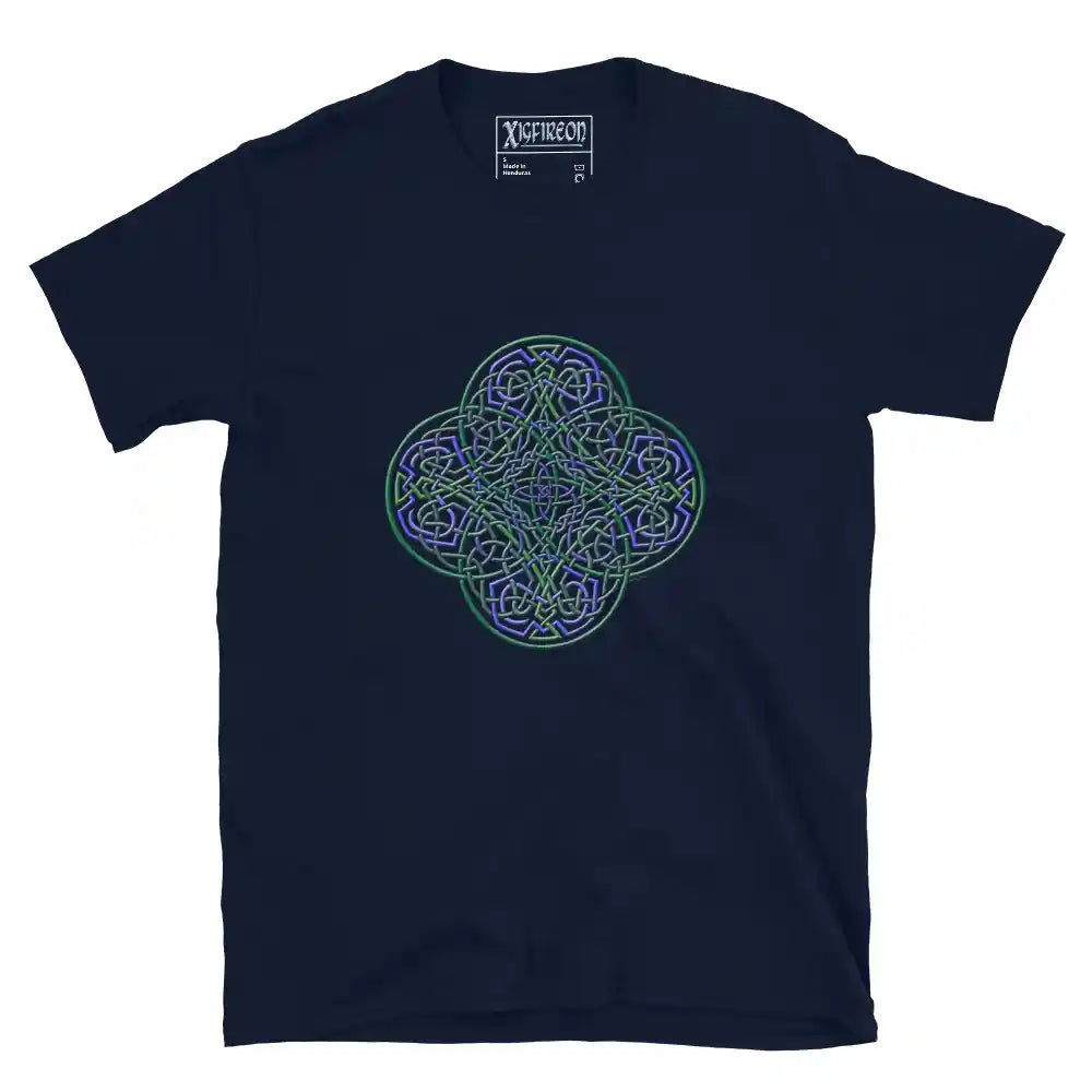 A navy blue Xigfireon graphic t-shirt featuring the Living Colour iteration of the Reach Of The Spirit Celtic knot design. The Reach Of The Spirit Celtic knot symbolizes the Earth.