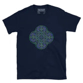 A navy blue Xigfireon graphic t-shirt featuring the Living Colour iteration of the Reach Of The Spirit Celtic knot design. The Reach Of The Spirit Celtic knot symbolizes the Earth.