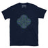 A navy blue Xigfireon graphic t-shirt featuring the Living Colour iteration of the Reach Of The Spirit Celtic knot design. The Reach Of The Spirit Celtic knot symbolizes the Earth.