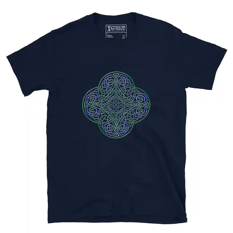 A navy blue Xigfireon graphic t-shirt featuring the Living Colour iteration of the Reach Of The Spirit Celtic knot design. The Reach Of The Spirit Celtic knot symbolizes the Earth.