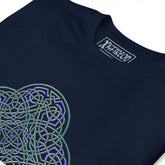 A close-up view of a navy blue Xigfireon graphic t-shirt featuring the Living Colour iteration of the Reach Of The Spirit Celtic knot design. The Reach Of The Spirit Celtic knot symbolizes the Earth.