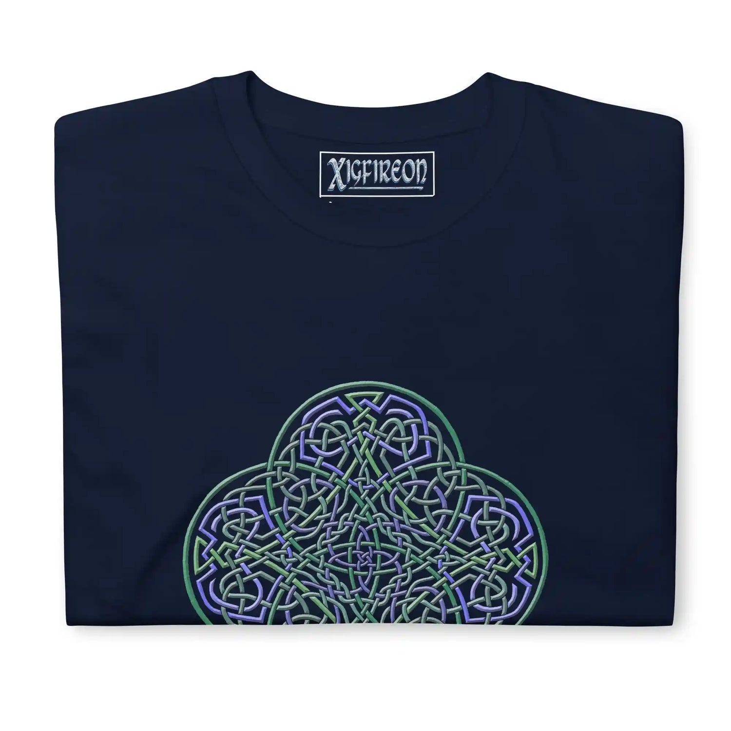 A folded navy blue Xigfireon graphic t-shirt featuring the Living Colour iteration of the Reach Of The Spirit Celtic knot design. The Reach Of The Spirit Celtic knot symbolizes the Earth.
